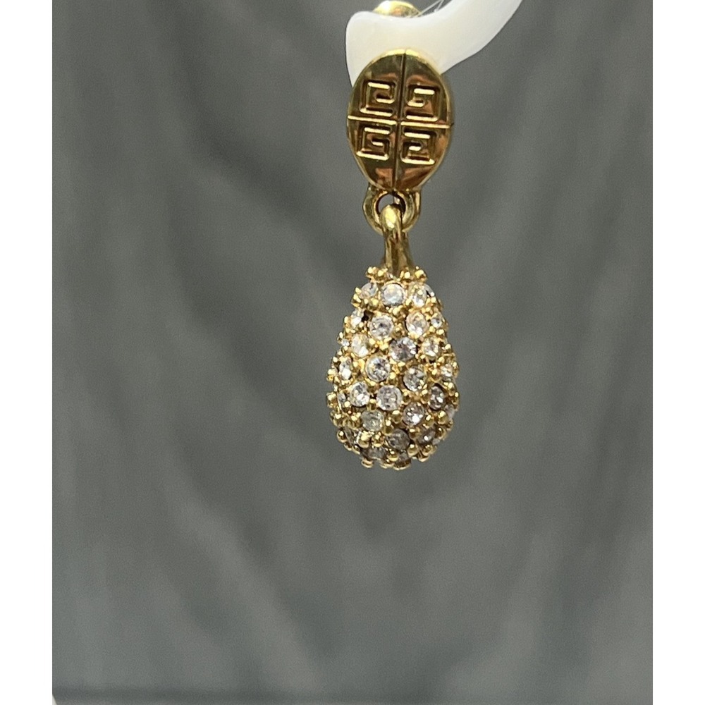 Givenchy Gold Tone 4G Logo Clip-On Earrings Pave Clear Rhinestone Teardrop - Picture 2 of 10